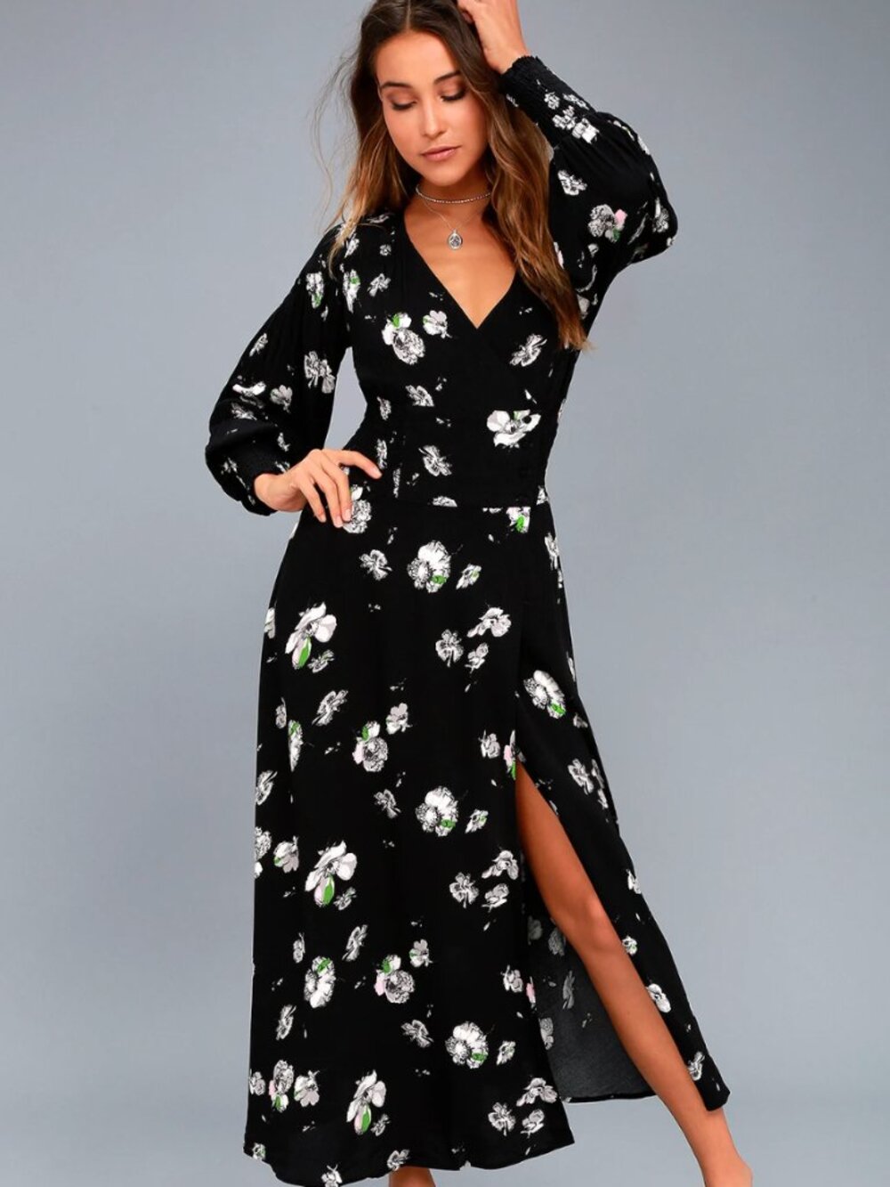 Free People So Sweetly Black Floral Print Midi Dress